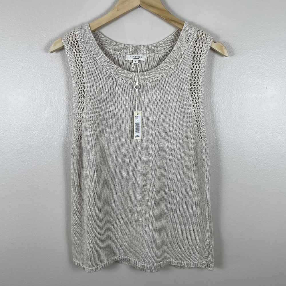 Max Studio Women's L Sweater Tank Oyster Pointelle Knit Shell Chic NEW